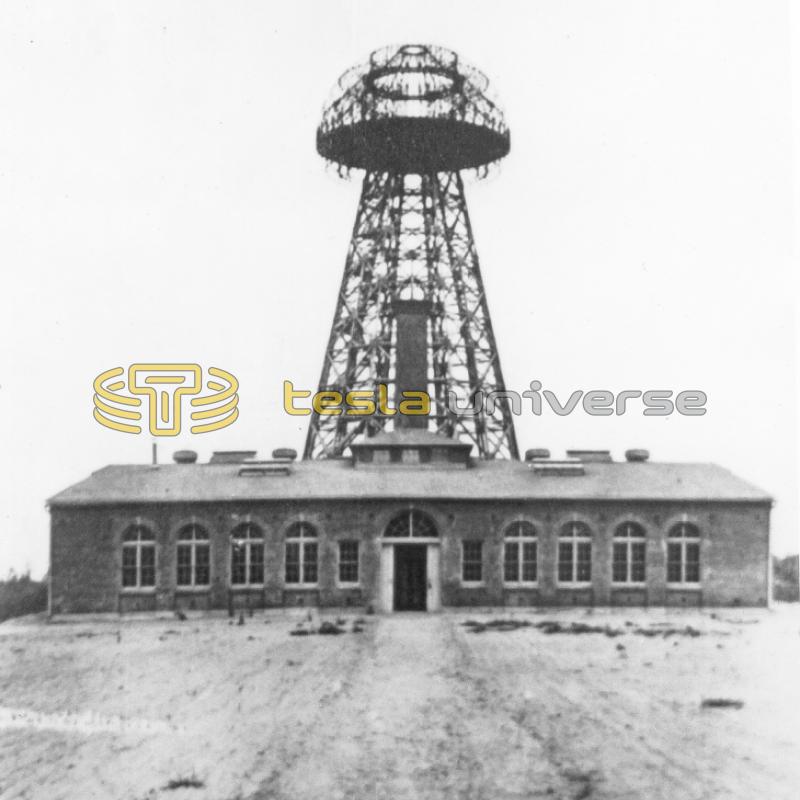Tesla's Wardenclyffe laboratory with world system tower in background