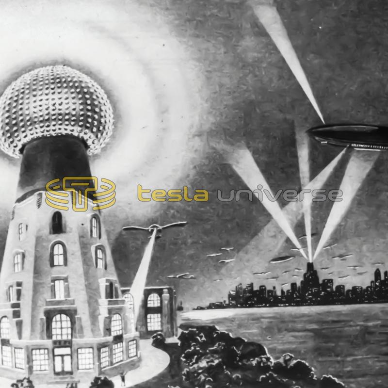 An artist's depiction of Tesla's tower in full operation
