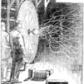 Illustration of experiments in Tesla's laboratory with pancake Tesla coil.