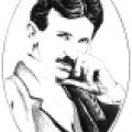Newspaper drawing of Nikola Tesla in ornamental framing