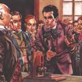Illustration of Nikola Tesla arguing with Professor Poeschl over the Gramme dynamo