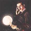 Illustration of Famous Sarony Portrait of Nikola Tesla Holding Bulb