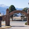 The entrance to Union Printers Home with Pikes Peak in the background.
