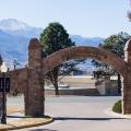 The entrance to Union Printers Home with Pikes Peak in the background.