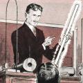 Illustration of Nikola Tesla lecturing on his high-frequency, high-voltage electricity
