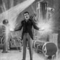 Electrical sorcerer, Nikola Tesla wilding balls of electric flames in his hands