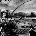 Drawing of Nikola Tesla as a child catching frogs