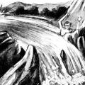 Drawing of a youthful Nikola Tesla swimming in waterfalls