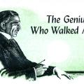 Illustration of Nikola Tesla with lamp as "The Genius Who Walked Alone"
