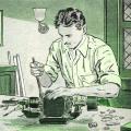 Drawing of Nikola Tesla working on a prototype of his AC induction motor