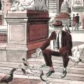 Illustration of Nikola Tesla feeding pigeons outside the library in New York City