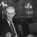 Candid photo of Tesla taken at a press conference at the Hotel New Yorker July 10, 1935