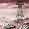 Illustration of Tesla's Wardenclyffe tower transmitting power to a ship