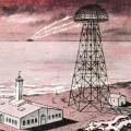 Illustration of Tesla's Wardenclyffe tower transmitting power to a ship